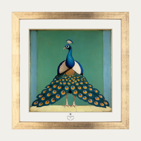 Framed Peacock (with blue ribbon and golden nail for hanging) by Odalisque Paris 20cm  20cm