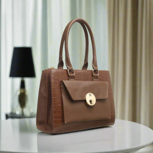 The Catherine - Croc Print Envelope Front Pocket Lady Bag - Brown