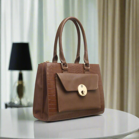 The Catherine - Croc Print Envelope Front Pocket Lady Bag - Brown