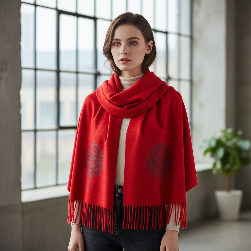 Large Double Sided Tree Scarf  Red & Grey