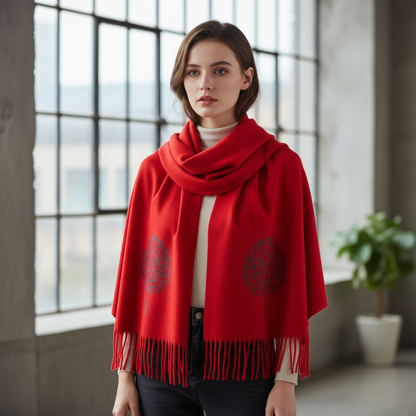 Large Double Sided Tree Scarf  Red & Grey