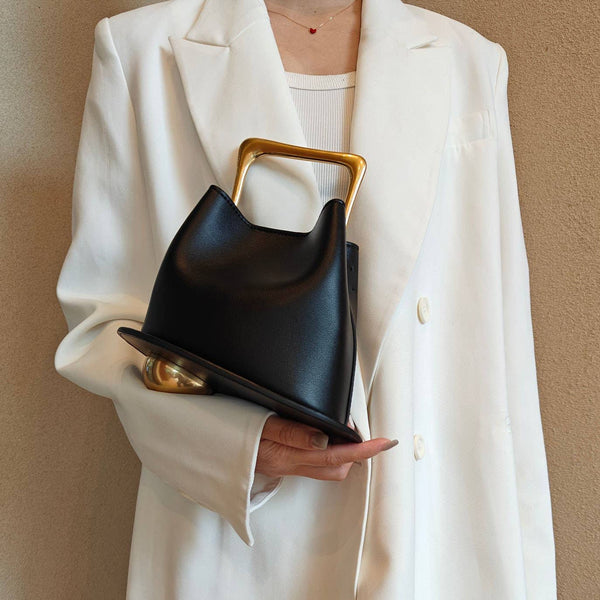 Geometric Artistic Design Metal Handle Leather Bag in Black or White by Sook Stainable