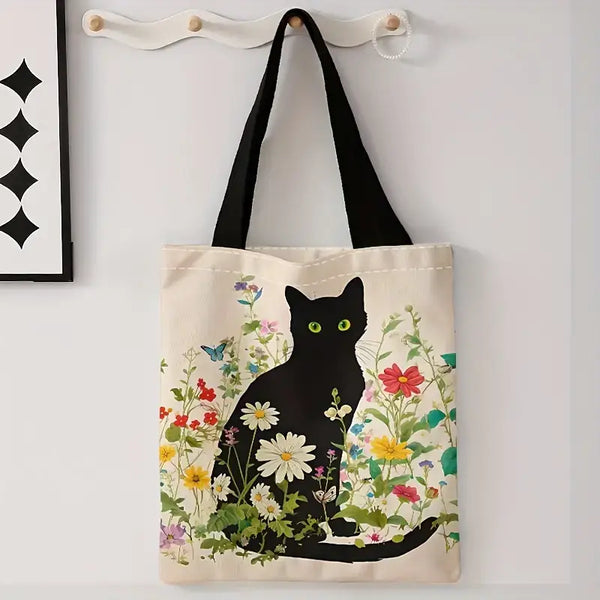 Black Cat & Floral Books Tote Bag – Reusable & Stylish