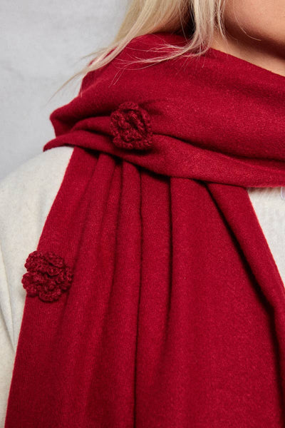 Wool scarf with embroidered flowers in Winter White, Tan & Black