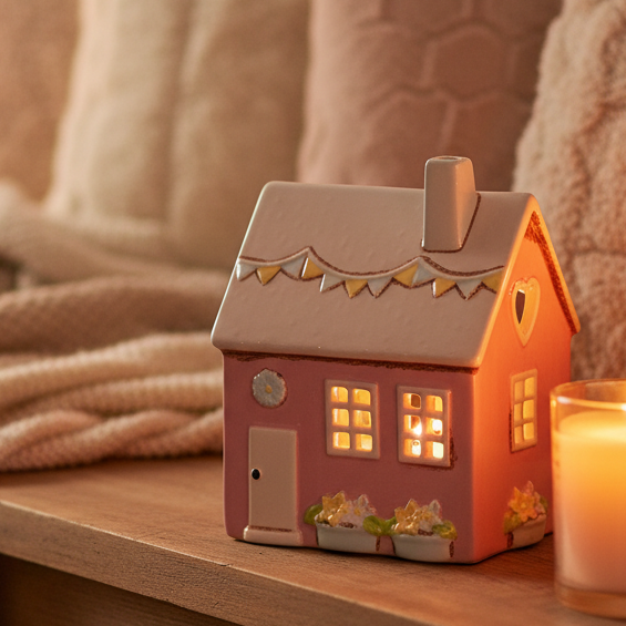 Pink ceramic tea light candle holder house Country 15,5 cm I