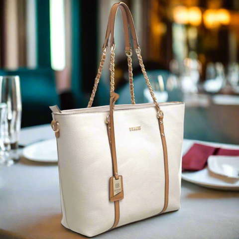 The Orna Tote Bag in Light Cream and Tan by Bessie