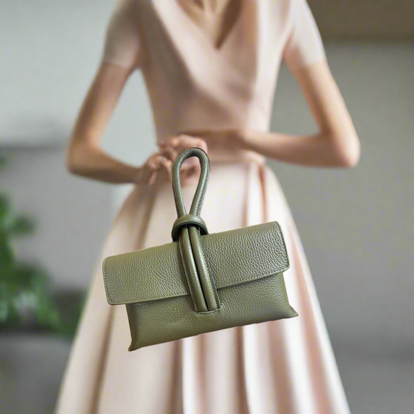 Shibuya Italian Leather Clutch /Crossover Handbag in Moss Green