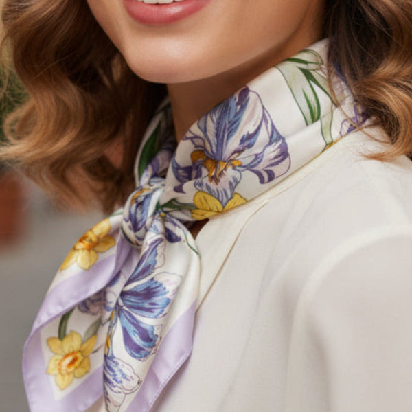 Small printed square scarf – Daffodil garden with Lilac Trim