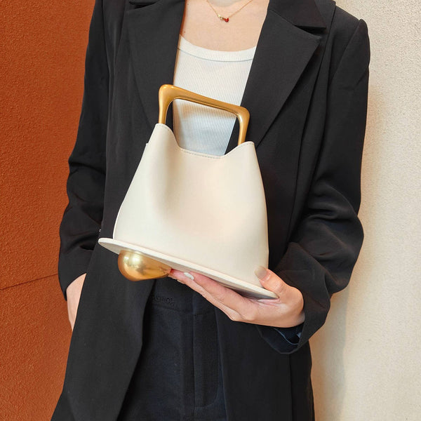 Geometric Artistic Design Metal Handle Leather Bag in Black or White by Sook Stainable