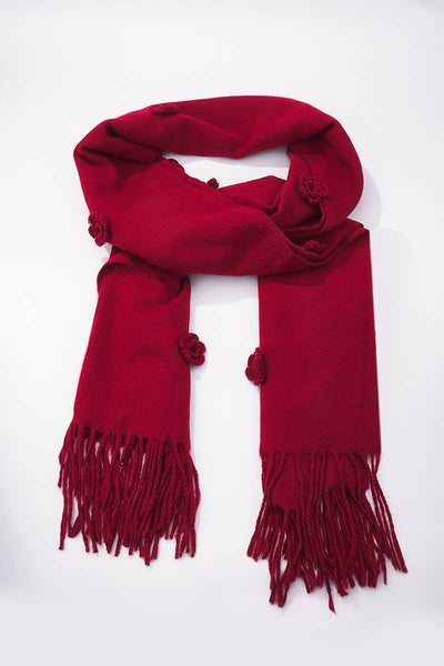 Wool scarf with embroidered flowers in Winter White, Tan & Black