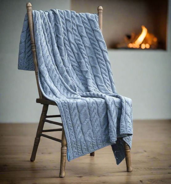 Silver Strand Supersoft Aran Cable Throw Aran Woolen Mills - Blue