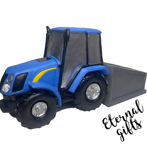 Blue Tractor with Solar Headlights and Transport Box Planter