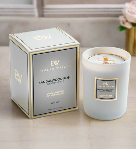 SANDALWOOD ROSE SCENTED CANDLE 8.8oz 250g by Eimear Wright Candles 50 hour burn time