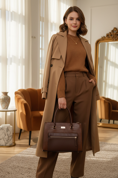The Janette- Large Croc Print Office Tote - Brown