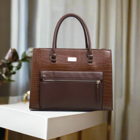 The Janette- Large Croc Print Office Tote - Brown