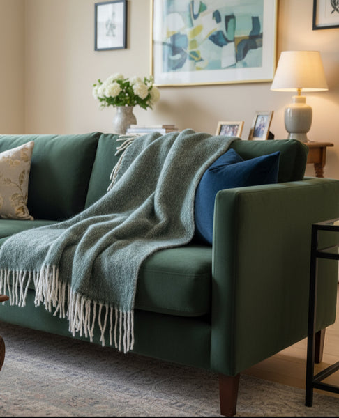 Herringbone Throw with Tassles Green 125 X150cm