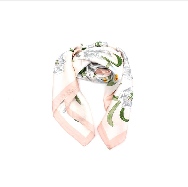 Small Printed Square Scarf - Daffodil Garden with Pink Trim