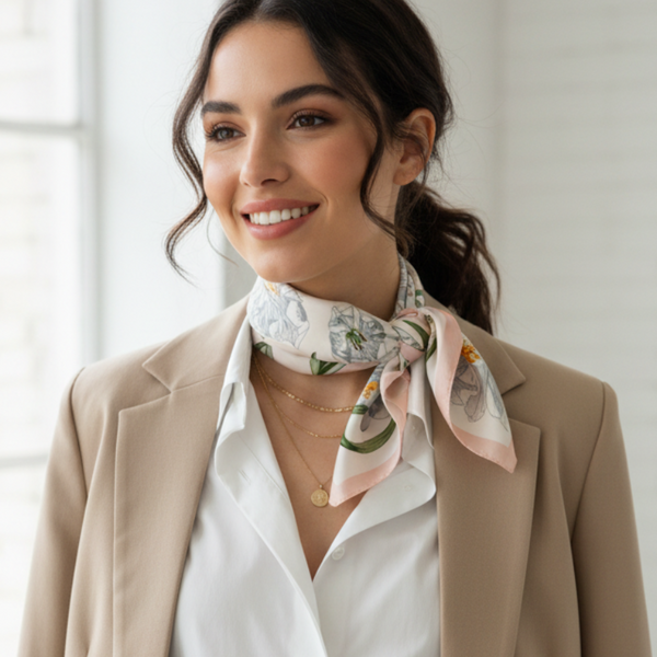 Small Printed Square Scarf - Daffodil Garden with Pink Trim