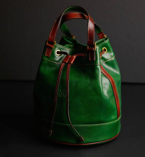 Leather Bucket Bag in Green-Light in August by Time Resistance