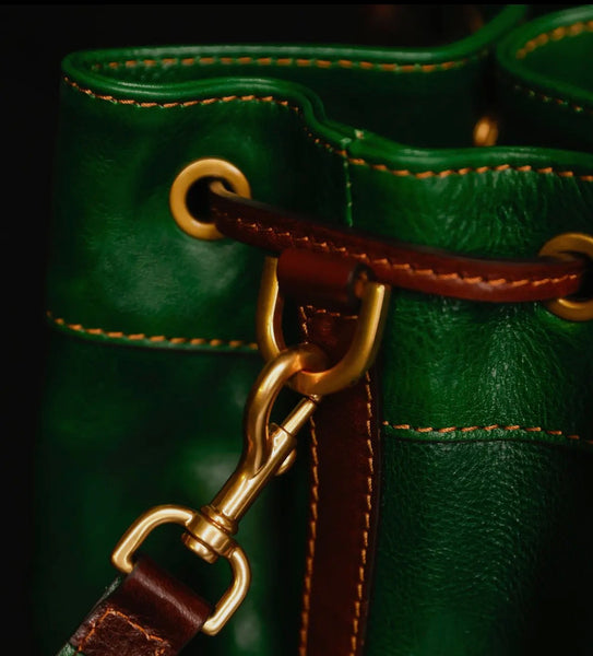 Leather Bucket Bag in Green-Light in August by Time Resistance