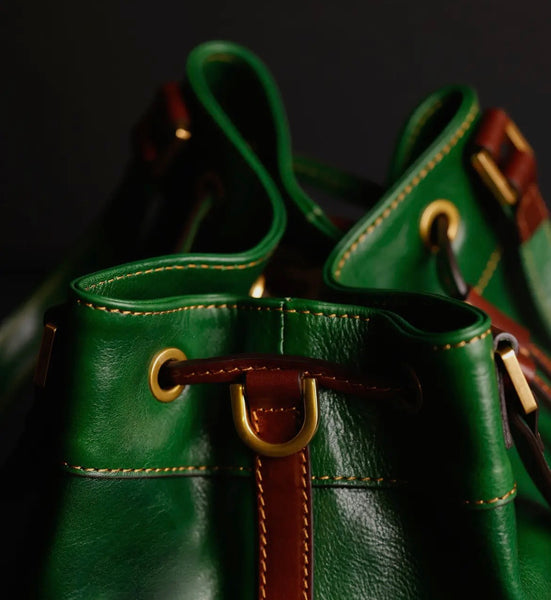 Leather Bucket Bag in Green-Light in August by Time Resistance