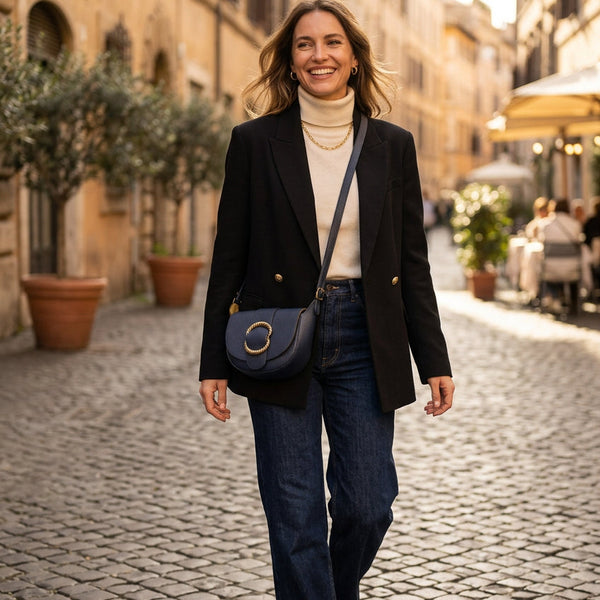 The Vida Leather Bag in Navy by ViModa