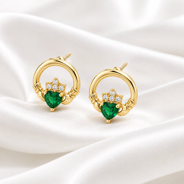 Séala Claddagh Stud Earring in Gold and Emerald
