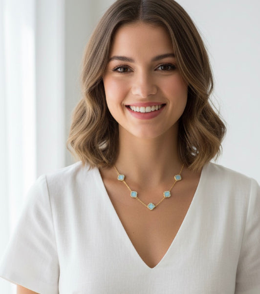 Gold and Aqua Clover Necklace by Absolute Jewellery