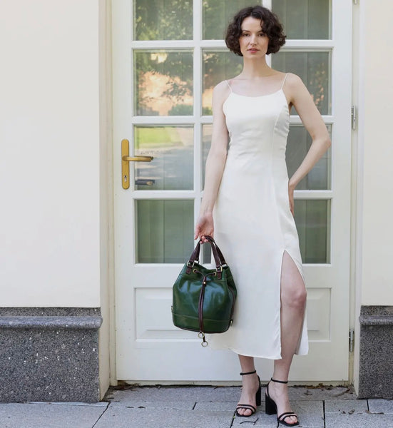 Leather Bucket Bag in Green-Light in August by Time Resistance