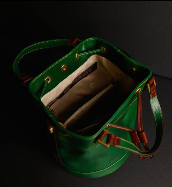 Leather Bucket Bag in Green-Light in August by Time Resistance