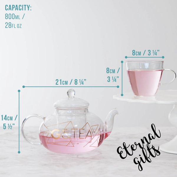 Premium Glass Gin Teapot with Removable Infuser TeaCup Set by Oak & Steel.