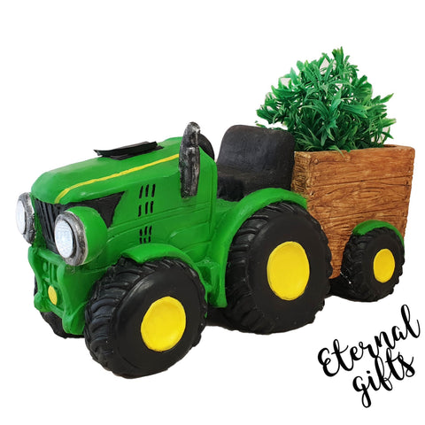 Large Green Tractor Tractor Planter with Solar Headlights