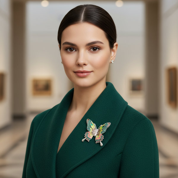 Butterfly Magnetic Brooch in Greens , Coral & Yellow