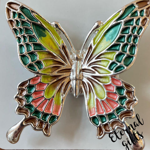 Butterfly Magnetic Brooch in Greens , Coral & Yellow