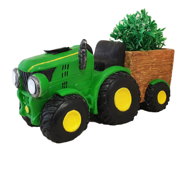 Green Tractor with Trailer and Solar Headlights Planter