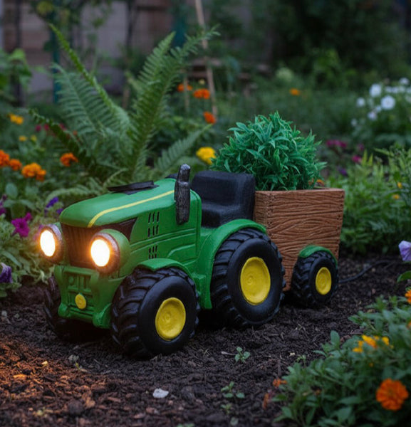 Green Tractor with Trailer and Solar Headlights Planter