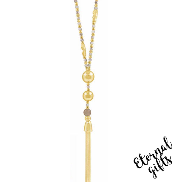 Long Gold Statement Necklace (30”) with Champagne Beading by Absolute Jewellery