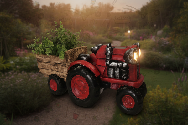 Red Tractor with Trailer & Solar Lights