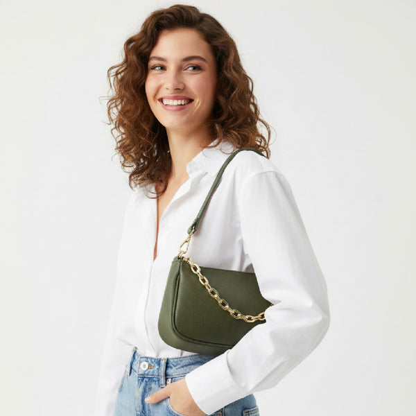 Leather Lou pouch bag with chain in Emerald Green by Vimoda