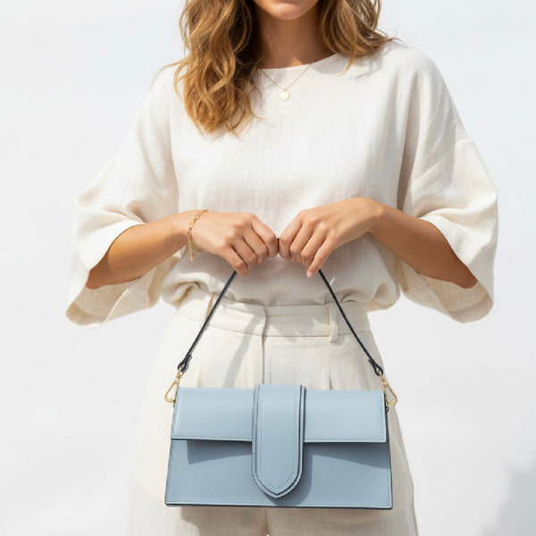 The Arabella Leather Handbag in Sky Blue by Vimoda