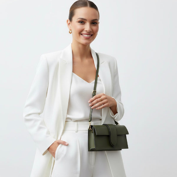 The Arabella Structured Leather Handbag in Olive Green by Vimoda
