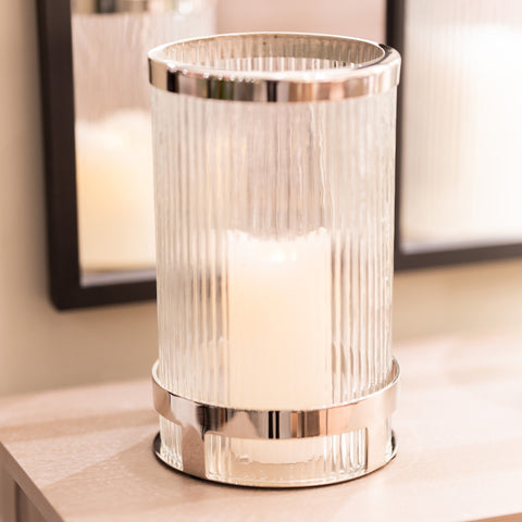 The Veda Hurricane Candle Holder in Chrome 26cm Medium