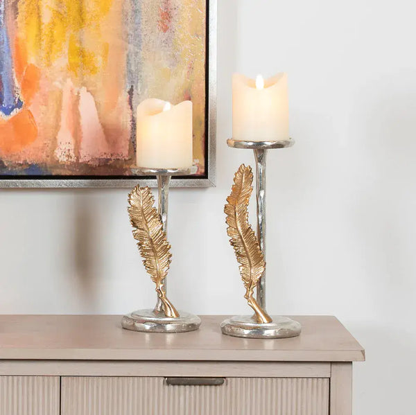 Feather Candle Holder  28cm Pillar In Silver/ Gold