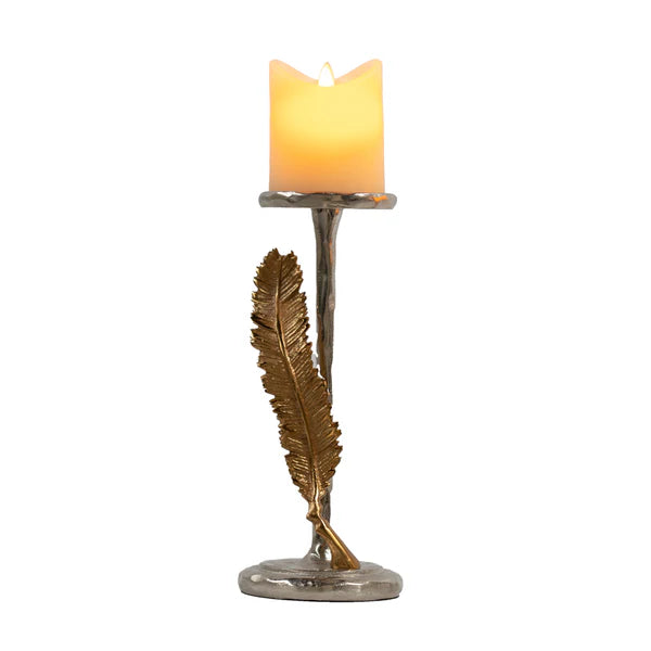 Feather Candle Holder  28cm Pillar In Silver/ Gold