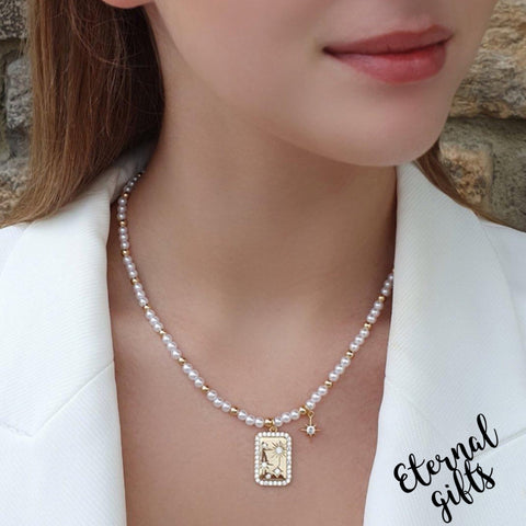 Gold and Pearl Beaded Necklace with Rectangular Star And Charm by Absolute Jewellery