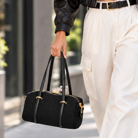 Suede Barrel Bag in Black by Suie Valentini
