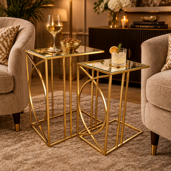 Sofa Side Tables in Gold with Mirrored Tops