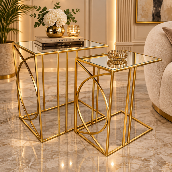 Sofa Side Tables in Gold with Mirrored Tops
