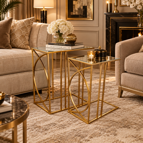 Sofa Side Tables in Gold with Mirrored Tops
