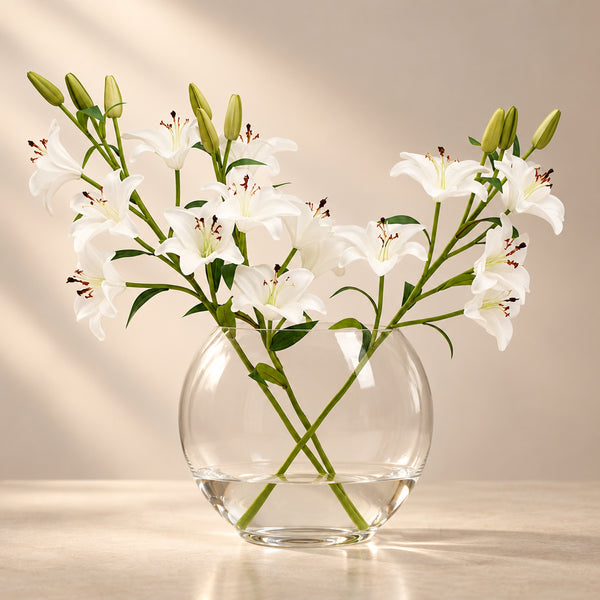 Real Touch Lillies Crossed Stem Vase with Faux Water 50cm